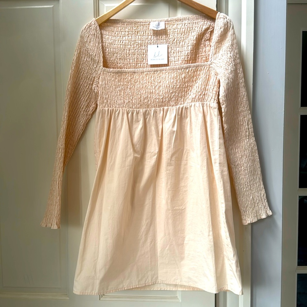 Bobbles & Lace Honeybun Natural Dress/ Natural/ Small smocked top and sleeves.